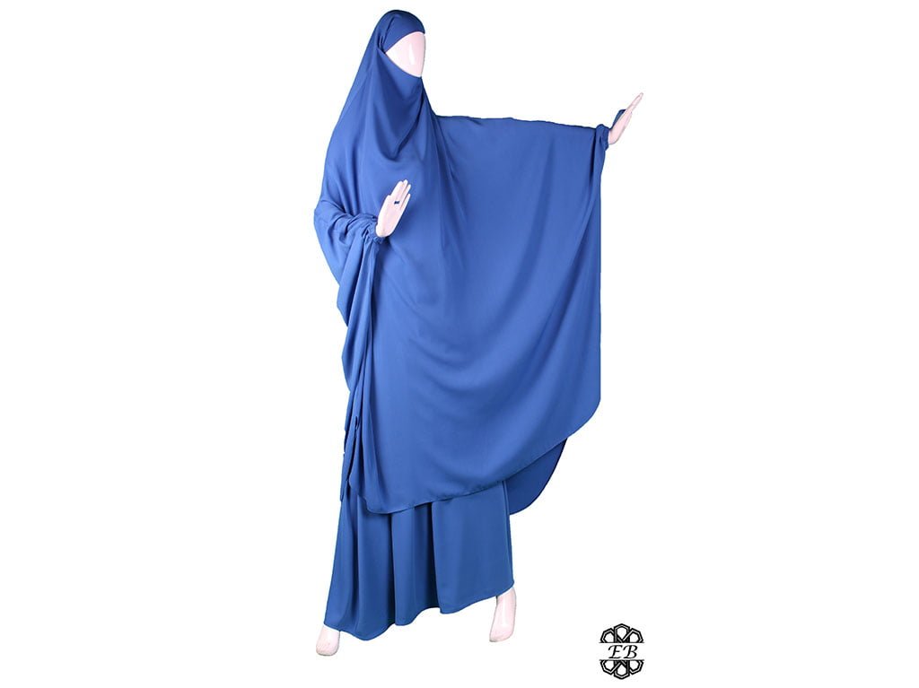 jilbab deux pieces papillon avec jupe evasee tissu caviary couleur bleu cobalt