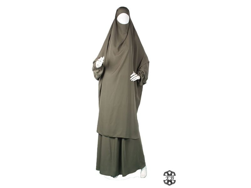 jilbab deux pieces avec jupe evasee tissu wool peach microfibre leger couleur vert avocat