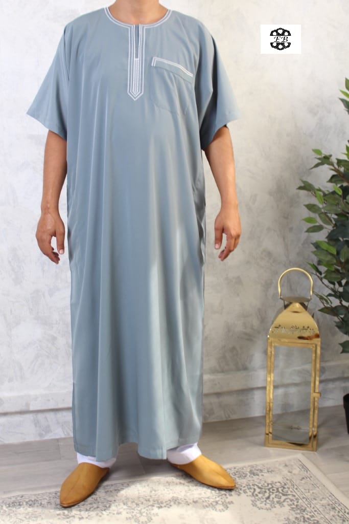 Qamis manches courtes brodé El Bassira gris 193