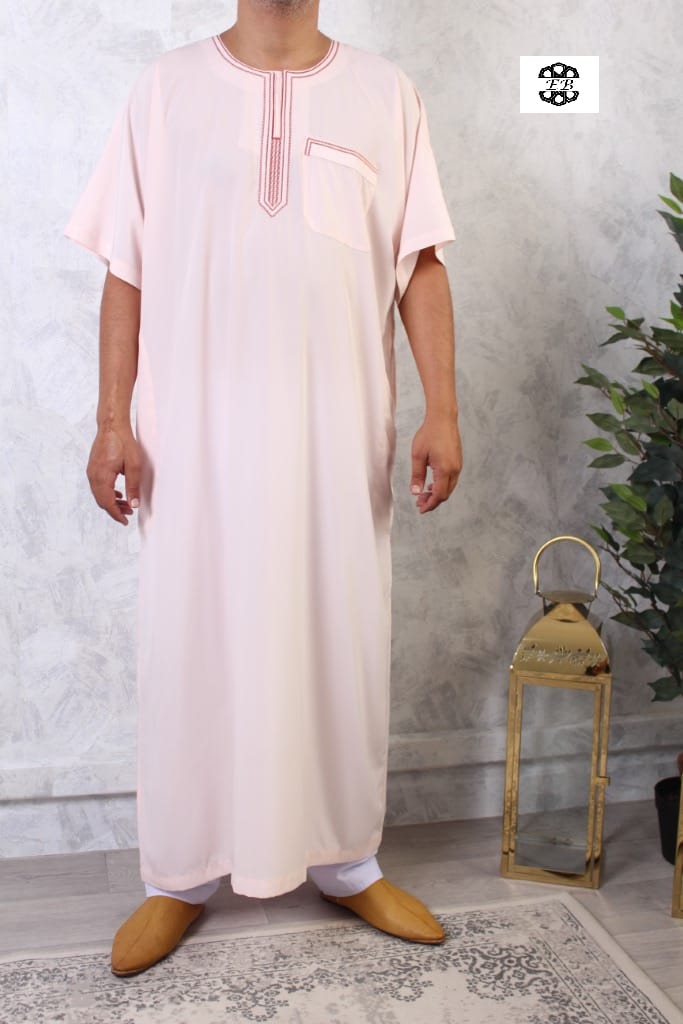 Qamis manches courtes brodé El Bassira rose beige 186