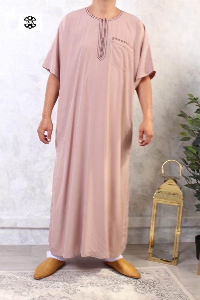 Qamis manches courtes brodé El Bassira taupe 181 Qamis manches courtes brodé El Bassira taupe 181