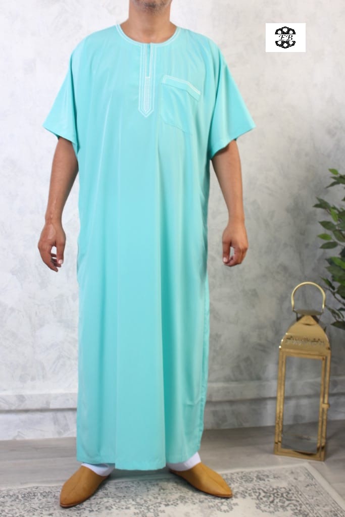 Qamis manches courtes brodé El Bassira turquoise 183