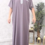 qamis manches courtes mauve grisé 179 brodé (Mc Br 179)