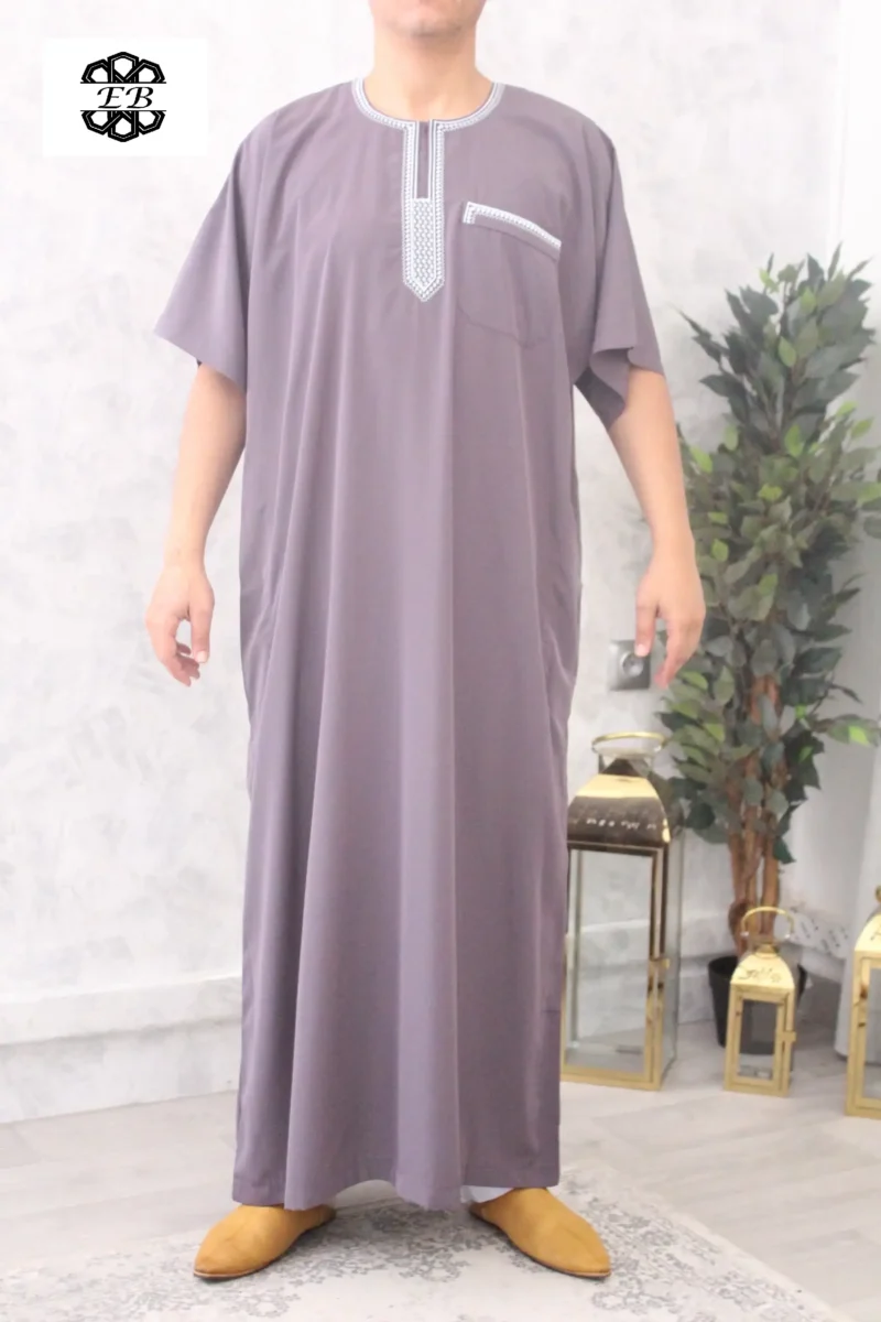 qamis manches courtes brode mauve fonce 179