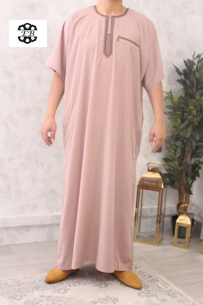 qamis manches courtes brode taupe rose 181