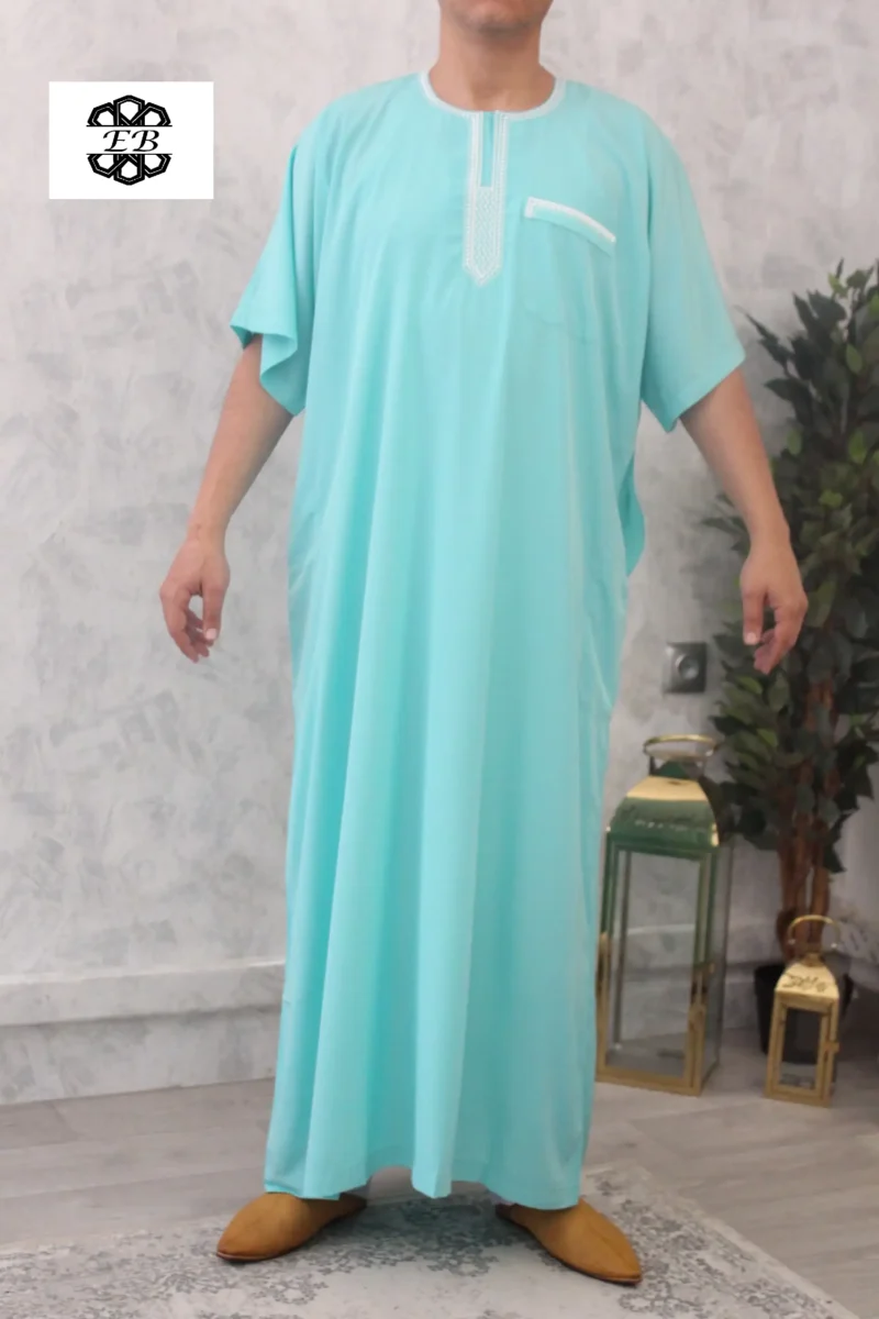 qamis manches courtes brode turquoise 183