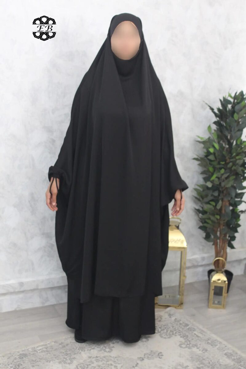 jilbab 2 pieces papillon jupe evasee wool peach noir El Bassira A3j WP black