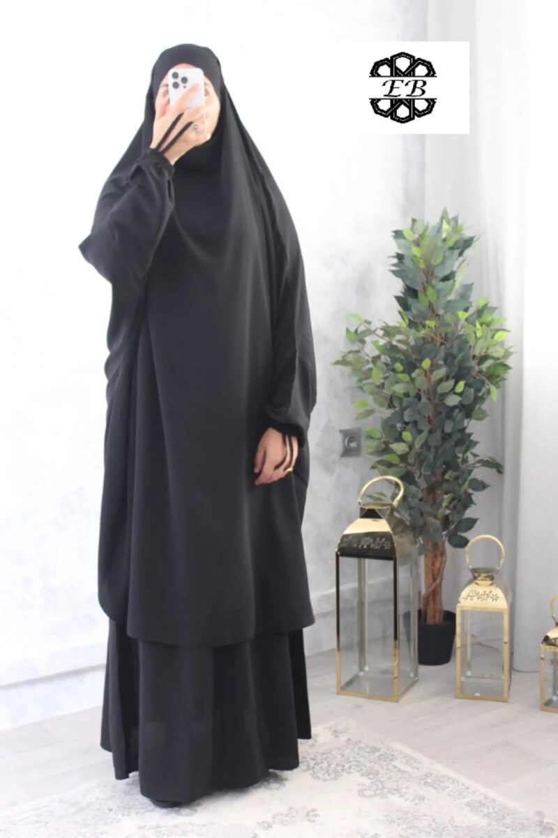 jilbab 2 pieces jupe evasee noir intense fursan haut de gamme El Bassira A2j FUR formal black