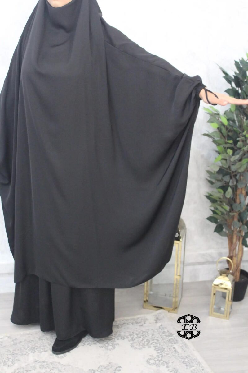jilbab 2 pieces papillon jupe evasee noir intense Fursan haut de gamme El Bassira A3j FUR formal black 1