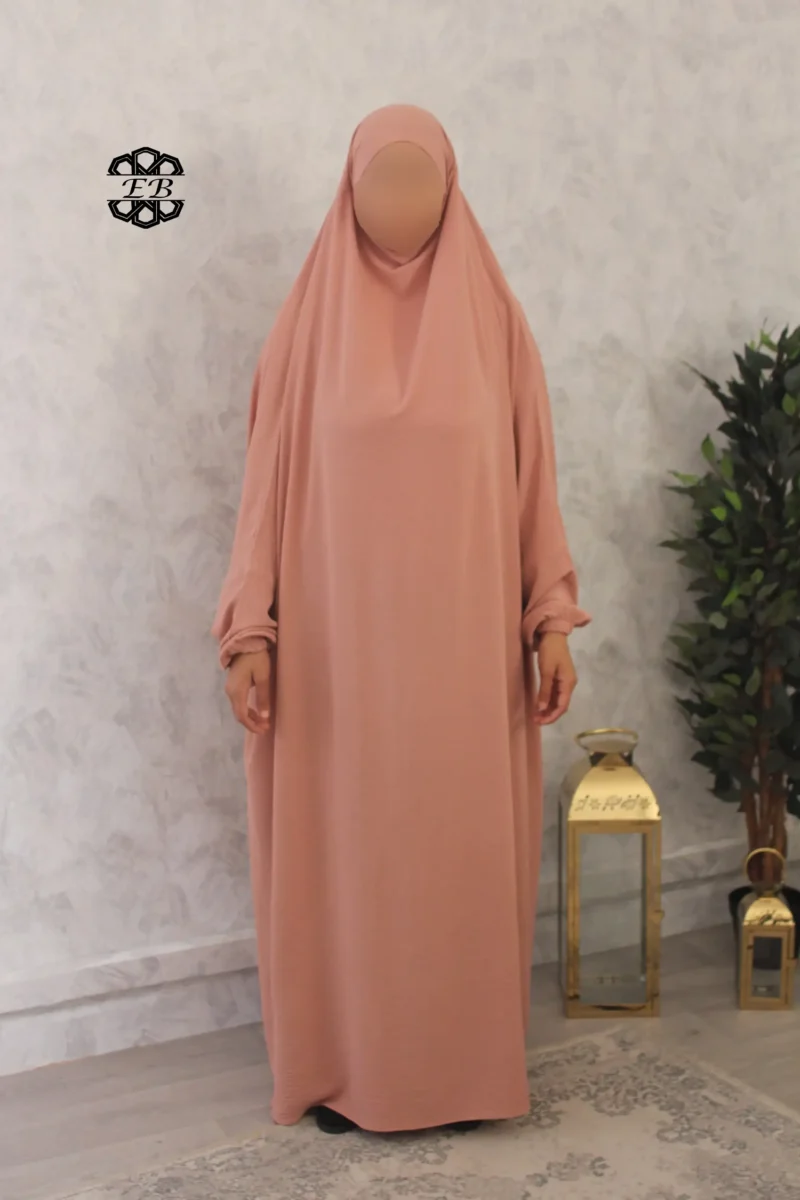 Jilbab 1 pièce Jazz saumon Kellya vue de face (A1 jazz 141)
