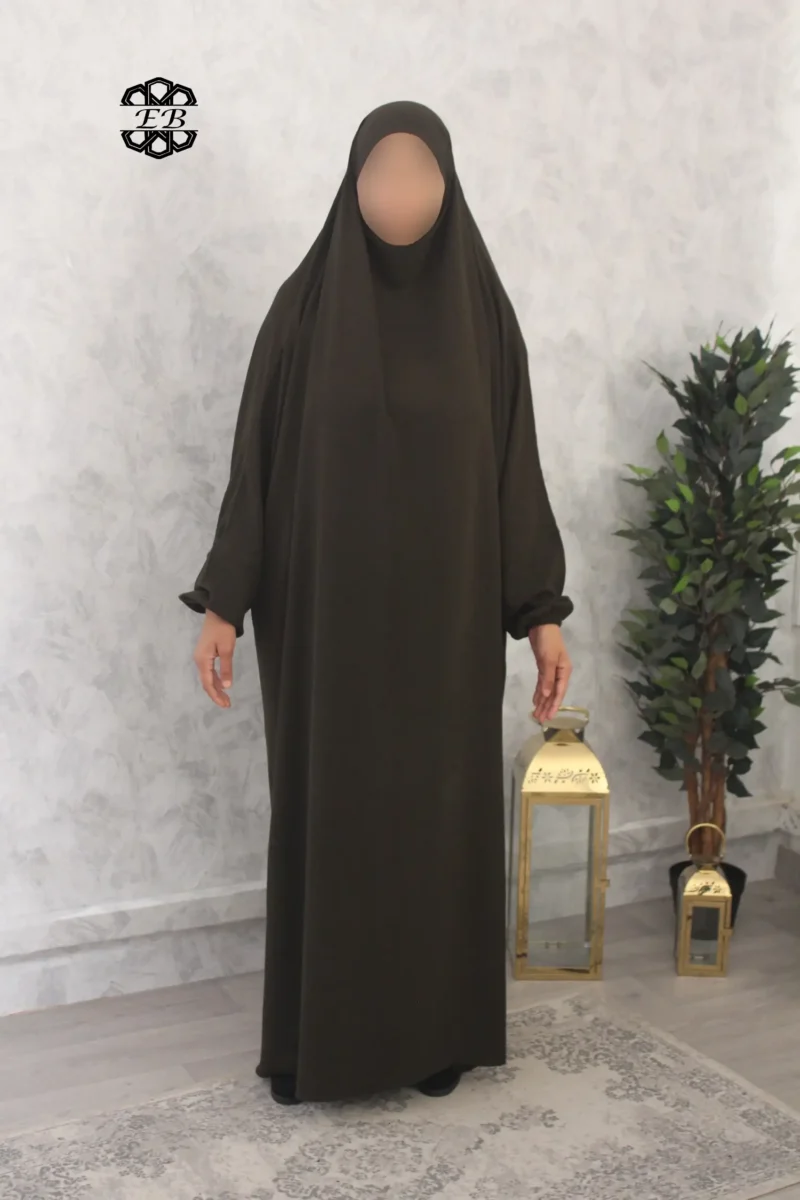 Jilbab 1 pièce Jazz vert kaki foncé Kellya vue de face (A1 jazz 52)