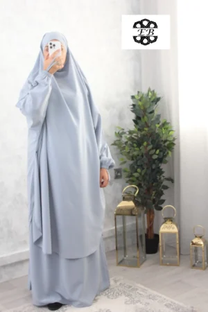 Jilbab 2 pièces jupe bleu ciel grisé koshibo El Bassira (A2j KOS grey)