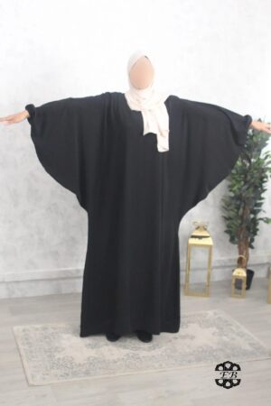 Abaya papillon noir manches serrées wool peach El Bassira (Fe WP black)