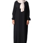 Abaya noir intense wool peach droite El Bassira manches élastiques (He WP fb)