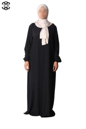 Abaya noir intense wool peach droite El Bassira manches élastiques (He WP fb)